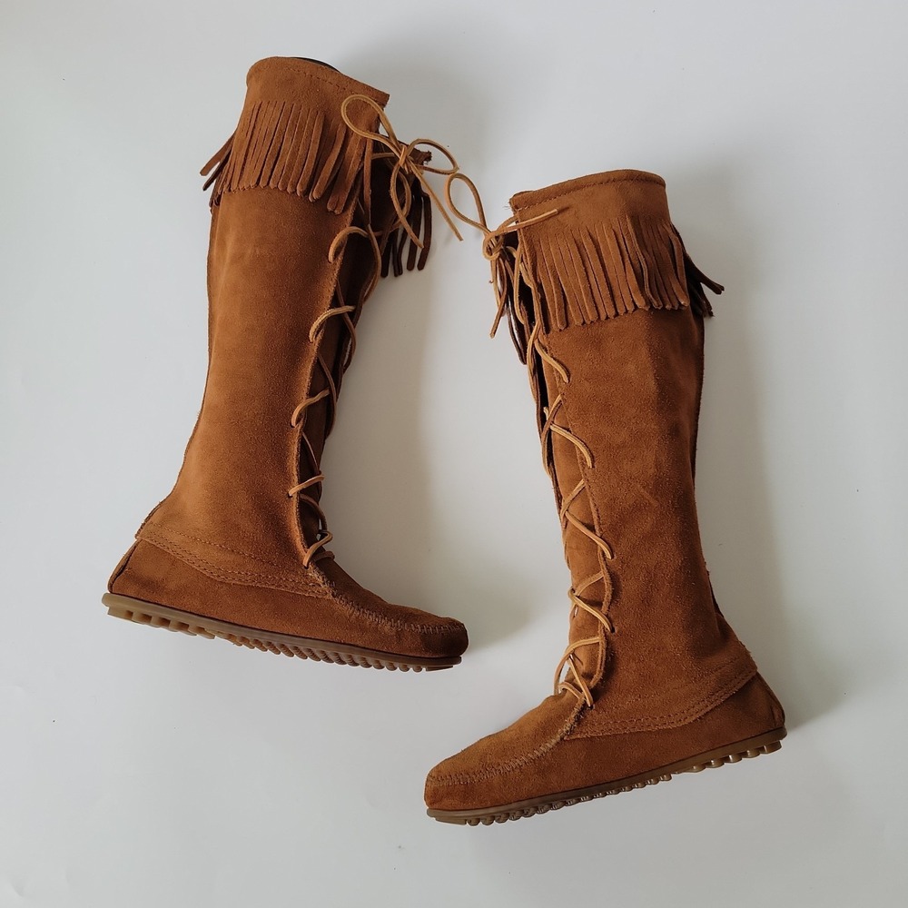 Minnetonka Front Lace Up Suede Knee High Boots 8 Chestnut Festival Hippie 1422
